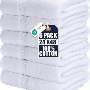 Bath Towels Set of 6 Medium Bath Towels, 100% New in Box Ringspun Cotton